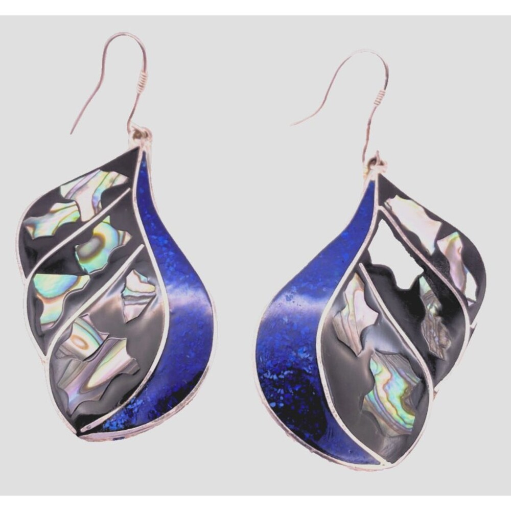 VTG Alpaca Silver Mexico Earrings Cloisonné Inlay Abalone Blue Black Enamel Hook